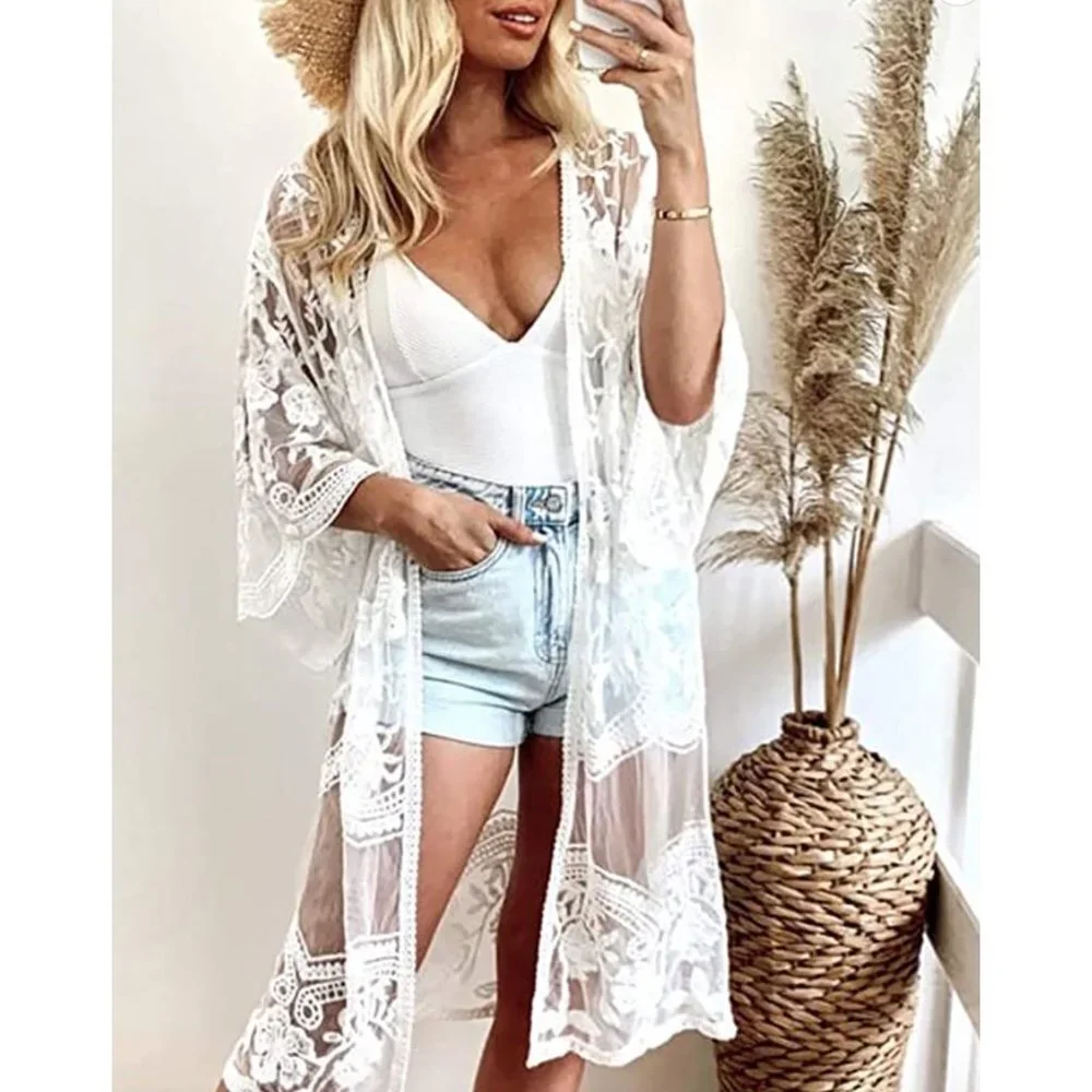 White Crochet Knitted Lace Open Front Kimono‎ Cardigan Bikini Swimsuit Coverup